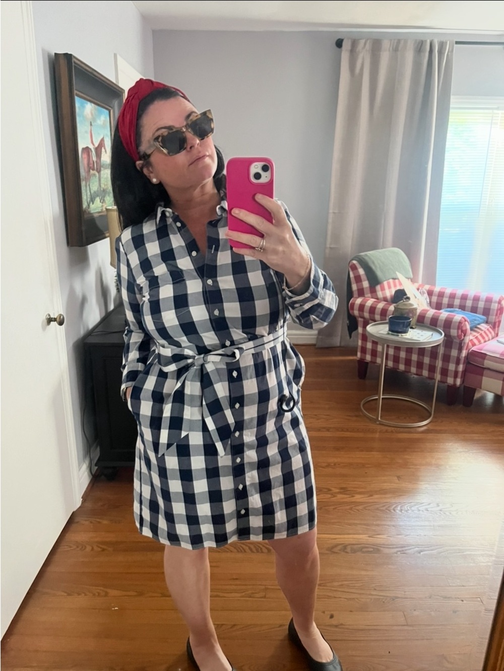 J. Crew Navy and White Gingham Midi Shirt Dress with Tie Belt